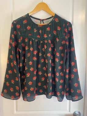 LOFT Medium Dark Green Floral Long-Sleeve Flowy Peasant Blouse Spring Summer